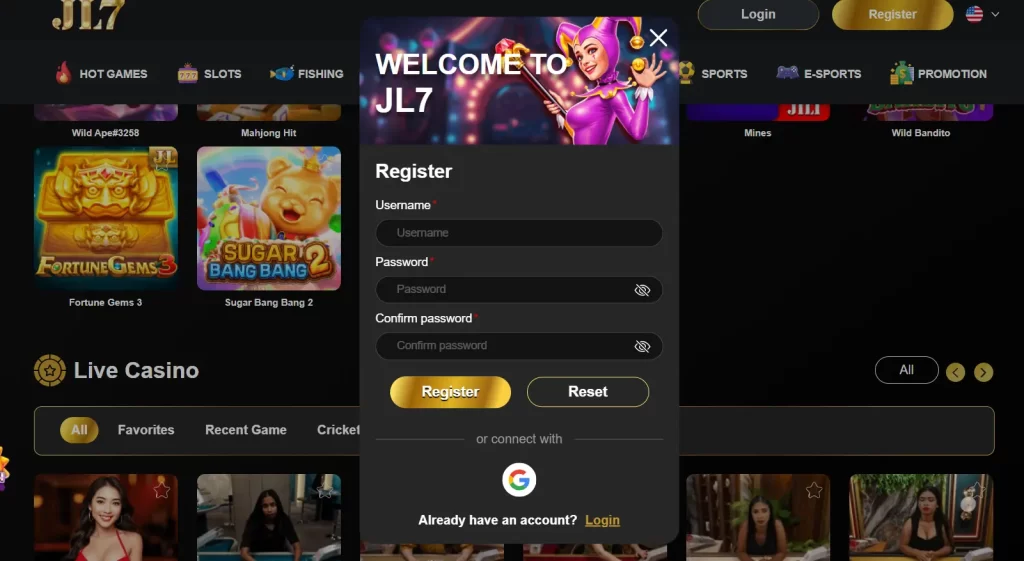 JL7 registration page showing account creation flow